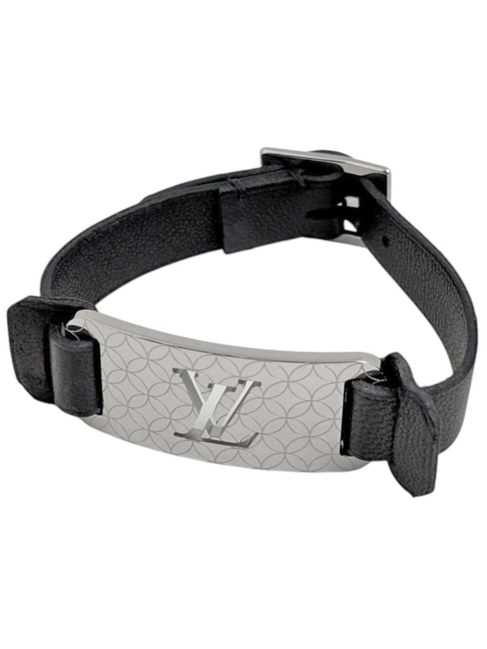Louis Vuitton Bracelet Champs Elysees Metal Leather Silver Black
